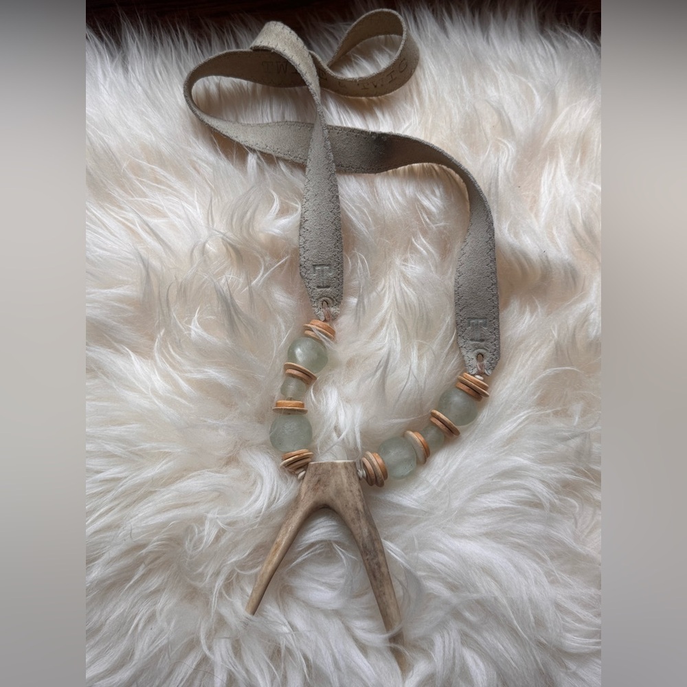 Twine & Twig Antler Pendant Necklace w/ Pale Blue Stone and Cream Button Accents